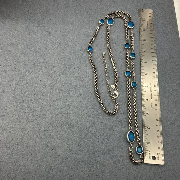 Chicos Long Necklace As Is Silver Chain Teal Blue Faceted Bezel Bead Retro BoHo - Picture 10 of 12